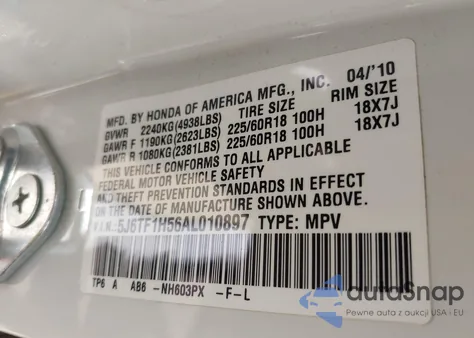 2010 Honda Accord Crosstour Ex-L из США, поврежденный, VIN 5J6TF1H56AL010897